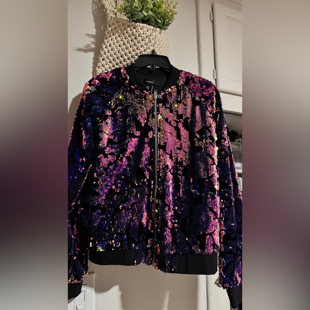 Forever 21 Black Sequin Bomber Jacket with Purple & Pink Iridescent Accents
